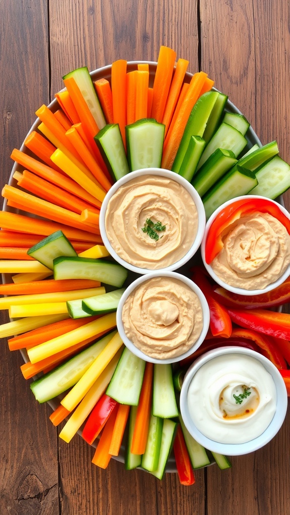 A vibrant vegetable platter with hummus and Greek yogurt dip on a rustic table.